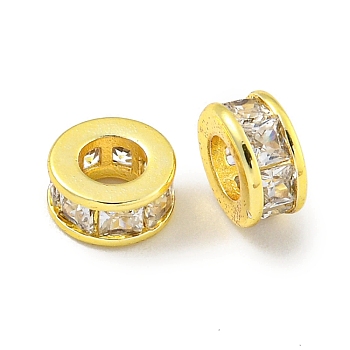 Brass Cubic Zirconia Spacer Beads, Long-Lasting Plated, Lead Free & Cadmium Free, Flat Round, Real 18K Gold Plated, 5.8x3mm, Hole: 3mm