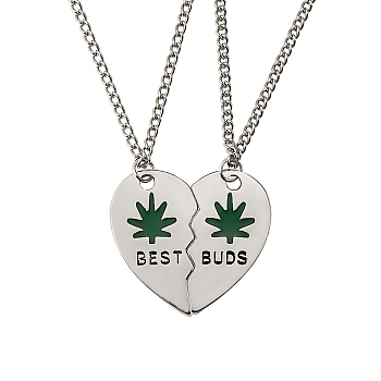 BEST BUDS Alloy Pendant Necklaces Set, Broken Heart Matching Pendant Necklaces for Bestfriends, Platinum, Dark Green, 17.71 inch(45cm), 2pcs/set