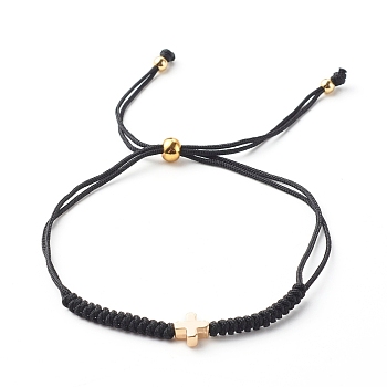 Cross Brass Beads Adjustable Nylon Thread Cord Bracelets, Black, Inner Diameter: 3/4 inch(1.8~9.1cm)