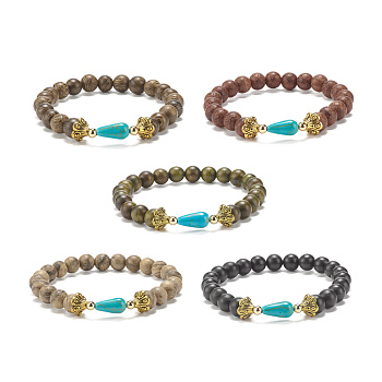 Natural Wood Round Beaded Stretch Bracelet with Synthetic Turquoise Teardrop, Yoga Bracelet for Women, Mixed Color, Inner Diameter: 2-1/4 inch(5.8cm)