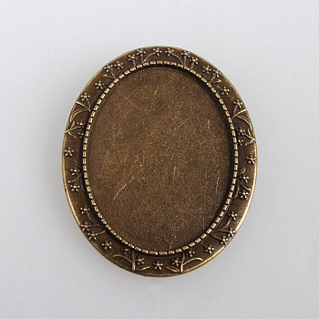 Vintage Alloy Brooch Cabochon Bezel Settings, with Iron Pin Brooch Back Bar Findings, Oval Carved Flower, Cadmium Free & Nickel Free & Lead Free, Antique Bronze, Tray: 40x30mm, 50x40x2mm, Pin: 0.6mm