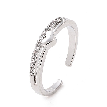 Clear Cubic Zirconia Heart Open Cuff Ring, Brass Jewelry for Women, Platinum, Inner Diameter: 16mm