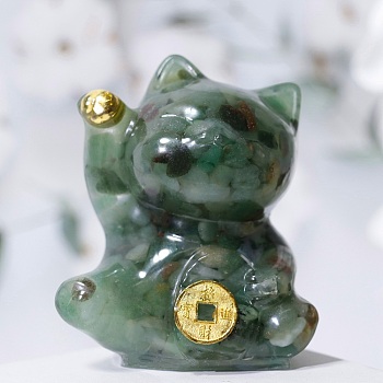 Natural Green Aventurine Chip & Resin Craft Display Decorations, Lucky Cat Figurine, for Home Feng Shui Ornament, 63x55x45mm