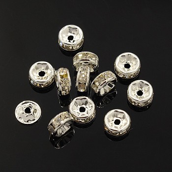Brass Rhinestone Spacer Beads, Grade A, Rondelle, Silver Color Plated, Size: about 7mm in diameter, 3.5mm thick, hole: 2mm