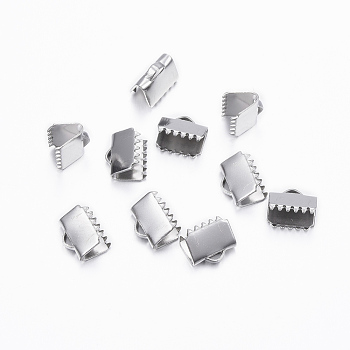 304 Stainless Steel Ribbon Crimp Ends, Stainless Steel Color, 7x8.5mm, Hole: 2x1mm