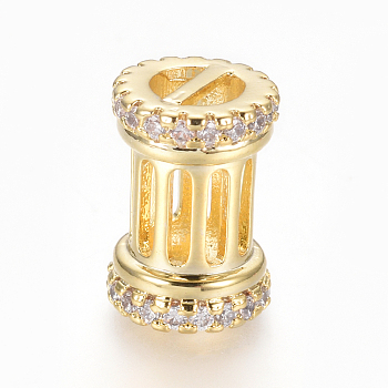 Hollow Brass Micro Pave Clear Cubic Zirconia Beads, Hollow, Column, Golden, 14.5x10mm, Hole: 5x2.5mm
