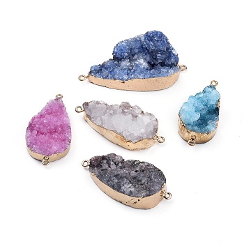 Electroplated Natural & Dyed Druzy Quartz Links connectors, with Brass Findings, teardrop, Golden, Mixed Color, 43~50x20~24x10~17mm, Hole: 1.5mm