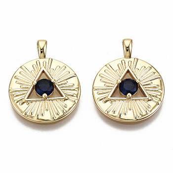 Brass Micro Pave Blue Cubic Zirconia Pendants, Nickel Free, Flat Round with All Seeing Eye, Real 18K Gold Plated, 22x17x3mm, Hole: 2x3mm