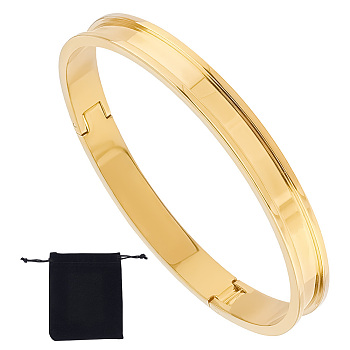1Pc Stainless Steel Grooved Bangles, DIY Leather Inlay Bangles, with 1Pc Velvet Pouches, Golden, Inner Diameter: 2-1/2x2-1/8 inch(6.3x5.5cm)
