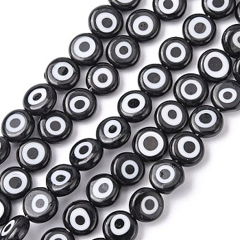 Handmade Evil Eye Lampwork Beads Strands, Flat Round, Black, 6x2.5mm, Hole: 1mm, about 64~65pcs/strand, 14.1 inch~14.5 inch