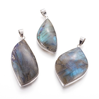 Natural Labradorite Pendants, with Brass Findings, Leaf, Platinum, 42.5~51x18.5~28x7~8mm, Hole: 4.5x8mm