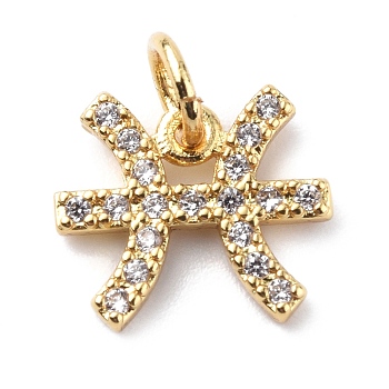 Brass Micro Pave Cubic Zirconia Charms, Constellation Charm, with Jump Rings, Real 18K Gold Plated, Pisces, 10x11.5x1.5mm, Hole: 3.4mm