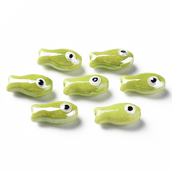 Handmade Porcelain Beads, Famille Rose Style, Fish, Yellow Green, 19.5x10x8mm, Hole: 2mm