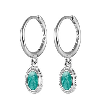 Rhodium Plated 925 Sterling Siliver Enamel Oval Dangle Hoop Earrings, with S925 Stamp, Platinum, 21x6mm