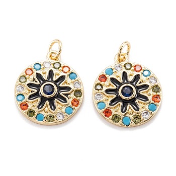 Real 18K Gold Plated Brass Micro Pave Cubic Zirconia Pendants, with Enamel and Jump Ring, Long-Lasting Plated, Flat Round with Flower, Black, 19x16x3mm, Jump Ring: 5x0.8mm, 3.4mm inner diameter
