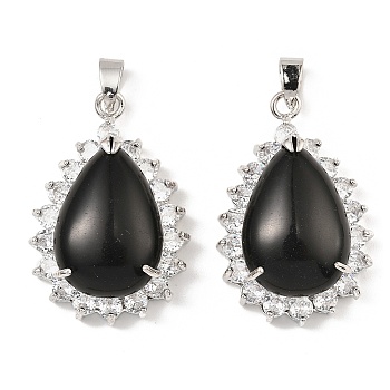 Natural Obsidian & Rhinestone Pendants, with Platinum Tone Rack Plating Brass Wire Wrap, Long-Lasting Plated, Lead Free & Cadmium Free, Teardrop, 40x26x13mm, Hole: 6x4.5mm