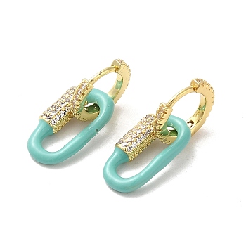 Oval Real 18K Gold Plated Brass Dangle Hoop Earrings, with Cubic Zirconia and Enamel, Medium Turquoise, 23x9.5mm