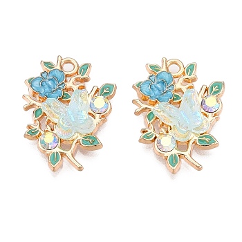 Rack Plating Alloy Enamel Pendants, Rhinestone & Resin Pave, Cadmium Free & Nickel Free & Lead Free, Light Gold, Flower with Butterfly Charm, Deep Sky Blue, 26x20x6mm, Hole: 2mm