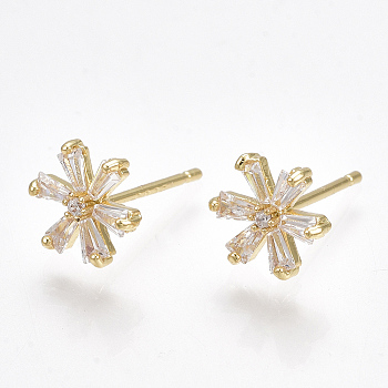 Brass Cubic Zirconia Stud Earrings, Flower, Clear, Real 18K Gold Plated, 9x8mm, Pin: 0.7mm