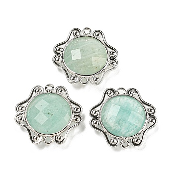 Natural Amazonite Faceted Connector Charms, Rack Plating Platinum Plated Brass Oval Links, 23x23.5x6~6.5mm, Hole: 1.5mm