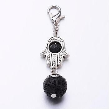 Natural Lava Rock Pendants, Hamsa Hand/Hand of Fatima/Hand of Miriam, with Alloy Lobster Claw Clasps and Iron Findings, 48mm