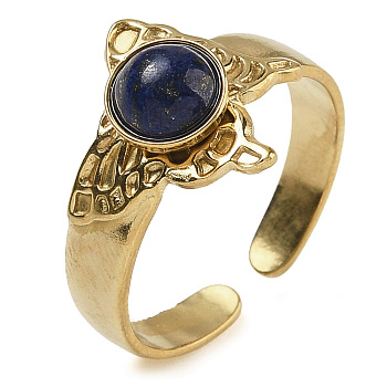 Natural Lapis Lazuli Finger Rings, Butterfly 304 Stainless Steel Open Cuff Rings, Real 18K Gold Plated, 13.5mm, Adjustable