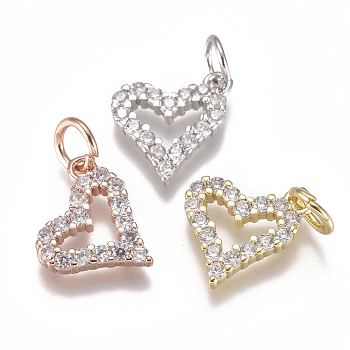 Brass Micro Pave Cubic Zirconia Charms, with Jump Ring, Long-Lasting Plated, Heart, Clear, Mixed Color, 10x10x2mm, Hole: 3mm