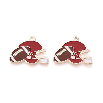 Alloy Enamel Pendants, Rugby with Helmet Charms, Golden, Dark Red, 19.5x25x1mm, Hole: 1.6mm
