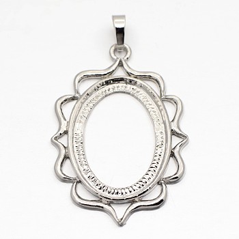 Oval Alloy Pendant Cabochon Open Back Settings, Rack Plating, Platinum, 47.5x34x2mm, Hole: 5x7mm, Tray: 30x22mm