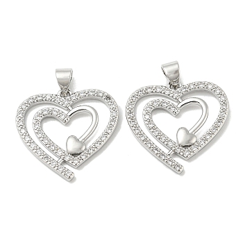 Rack Plating Brass Micro Pave Cubic Zirconia Pendants, Long-Lasting Plated, Lead Free & Cadmium Free, Heart Charms, Platinum, 21x22x2mm, Hole: 5x3mm