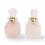 Natural Rose Quartz Perfume Bottle Pendants, Faceted Bottle Charms with Golden Tone 304 Stainless Steel Findings, Cadmium Free & Lead Free, 36~37x20~20.5x13.5~15mm, Hole: 1.8mm(G-Q163-10G-03)