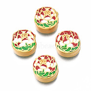 Rack Plating Alloy Enamel Beads, Cadmium Free & Lead Free, Matte Gold Color, Flat Round with Flower, Dark Red, 11x11x5mm, Hole: 2mm(ENAM-N056-032B)