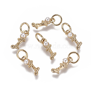 Brass Charms, with Cubic Zirconia and Shell Pearl Bead, Letter, Golden, Clear, Letter.I, 9.5~11x3.5~10.8x3~3.5mm, Hole: 3.5mm(X-KK-L179-08I-G)