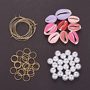 DIY Earring Making, 304 Stainless Steel Hoop Earrings/Jump Rings, Imitation Pearl Acrylic Beads and Spray Paint Cowrie Shell Beads, Golden, Pink, 35x0.7mm(DIY-X0098-34)