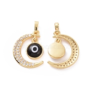 Brass Micro Pave Cubic Zirconia Pendants, with Handmade Evil Eye Lampwork, Crescent Moon Charm, Real 18K Gold Plated, Black, 23x16x4mm, Hole: 4x6mm(ZIRC-F136-06G-01)