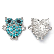 Alloy Connector Charms, Owl Links, with Jet Rhinestones and Synthetic Turquoise, Platinum, 18x16.5x3mm, Hole: 1.8mm(FIND-A024-10P)