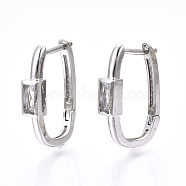 Brass Micro Pave Clear Cubic Zirconia Huggie Hoop Earring, Nickel Free, Oval with Rectangle, Platinum, 21.5x4.5x14.5mm, Pin: 1.2mm(EJEW-T046-15P-NF)