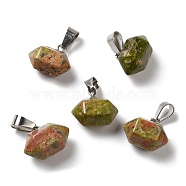 Natural Unakite Pointed Pendants, Faceted Bullet Charms, with Platinum Tone Iron Snap on Bails, 12.5~13x15.5~17x9~10mm, Hole: 7x3.5mm(G-K335-03P-16)