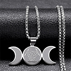 304 Stainless Steel Triple Moon Pendant Necklaces, Box Chains Jewelry for Men Women, Stainless Steel Color, 23.62 inch(60cm)(NJEW-P293-06P)