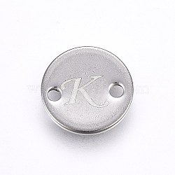 201 Stainless Steel Links connectors, Flat Round, Letter.K, Stainless Steel Color, 10x1mm, Hole: 1.5mm(STAS-H465-01P-10mm-K)