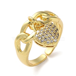 Rack Plating Brass Cubic Zirconia Open Cuff Rings, Heart Charm Ring, Cadmium Free & Lead Free, Real 18K Gold Plated, Inner Diameter: 17.2mm(RJEW-K249-22G)