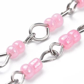 Handmade Glass Seed Beaded Chains, with Iron Eye Pins, Platinum, Unwelded, Pink, 39.37 inch(1m), Link: 3~4x13.5x0.8~3mm, 1m/strand