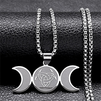 304 Stainless Steel Triple Moon Pendant Necklaces, Box Chains Jewelry for Men Women, Stainless Steel Color, 23.62 inch(60cm)