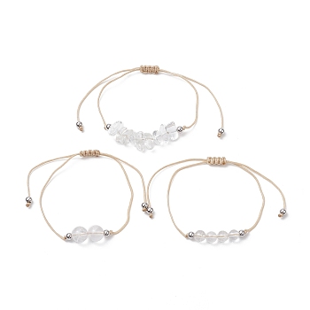 3Pcs 3 Style Natural Quartz Crystal Braided Bead Bracelets Set, Nylon Thread Adjustable Bracelets for Women, Inner Diameter: 3-3/8 inch(8.5cm), 1Pc/style