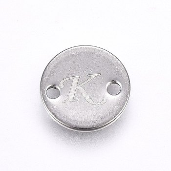 201 Stainless Steel Links connectors, Flat Round, Letter.K, Stainless Steel Color, 10x1mm, Hole: 1.5mm