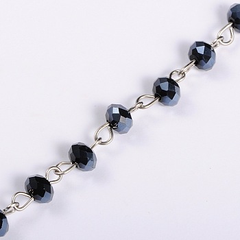 Handmade Rondelle Glass Beads Chains for Necklaces Bracelets Making, with Platinum Iron Eye Pin, Unwelded, Black, 39.3 inch, Beads: 6x4.5mm