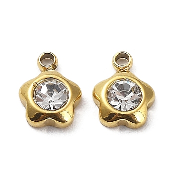Ion Plating(IP) 304 Stainless Steel Charms, with Glass, Flower Charm, Real 18K Gold Plated, 7.5x6x2.5mm, Hole: 1.2mm
