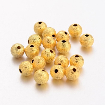 Brass Textured Beads, Nickel Free, Round, Golden Color, Size: about 6mm in diameter, hole: 1mm