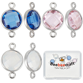 9Pcs 3 Colors Brass Cubic Zirconia Connector Charms, Flat Round, Real Platinum Plated, Mixed Color, 14x9x4mm, Hole: 1.2mm, 3pcs/color