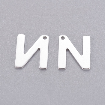 201 Stainless Steel Charms, Letter, Silver Color Plated, Letter.N, 11x9x0.7mm, Hole: 1mm